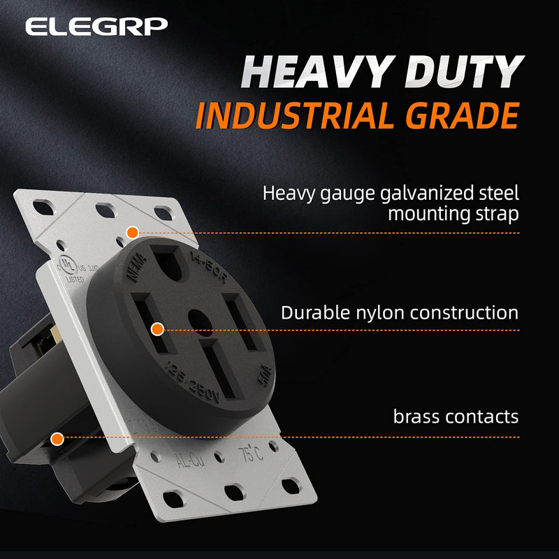ELEGRP 50 Amps 125/250V Range Oven Stove Receptacle, Flush Mounting Power Outlet, NEMA 14-50R, Straight Blade Heavy Duty Range Receptacle, Grounding, 3 Pole 4 Wire, UL Listed, 1 Pack NEMA 14-50R Outlet