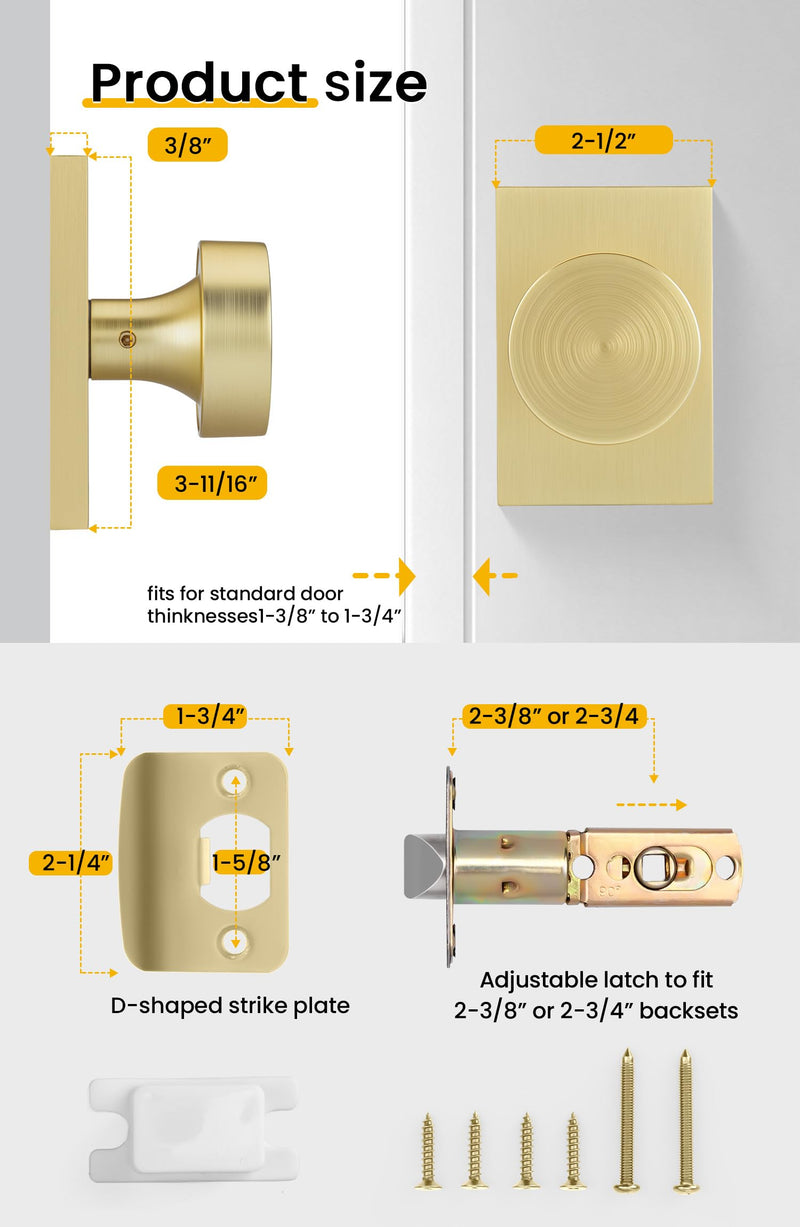 Goldenwarm Gold Closet Door Knob, Heavy Duty Brushed Gold Passage Door Knobs for for Hallway, Closet, Round Interior Door Knob, Zinc-Alloy Rectangle Rosette Indoor Doorknob (1 Pack)