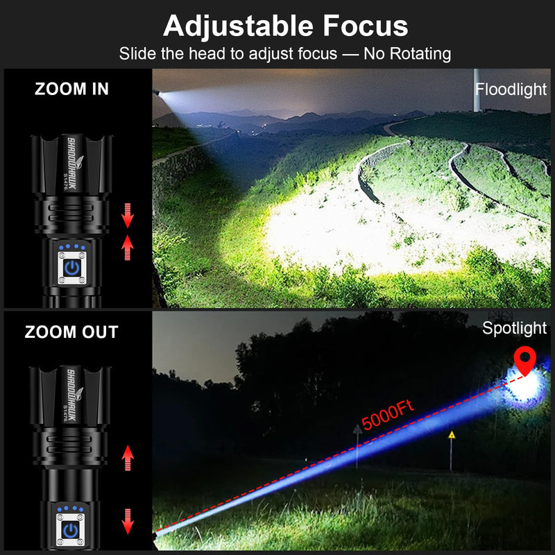 Flashlight 10000 High Lumens Rechargeable - 30W Super Bright LED Flash Light | 5000ft Beam & 12H Long Lasting USB C High Powered Handheld Police Flashlight for Home, Camping, Hiking, Emergency Black