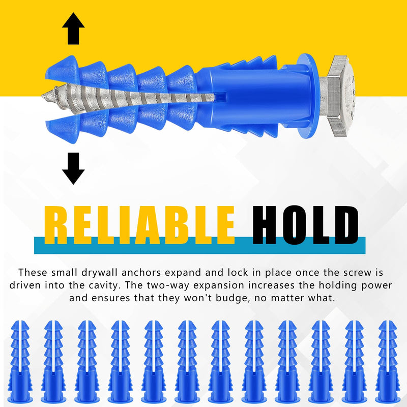 1000 Pcs #8-10-12 x 1-1/4 Inch Ribbed Lightweight Plastic Anchors Drywall Anchors for Hollow Walls Pictures Artwork Decor Light Duty Anchoring Application (Blue) 8-10-12 x 1-1/4 Inch Blue 1000