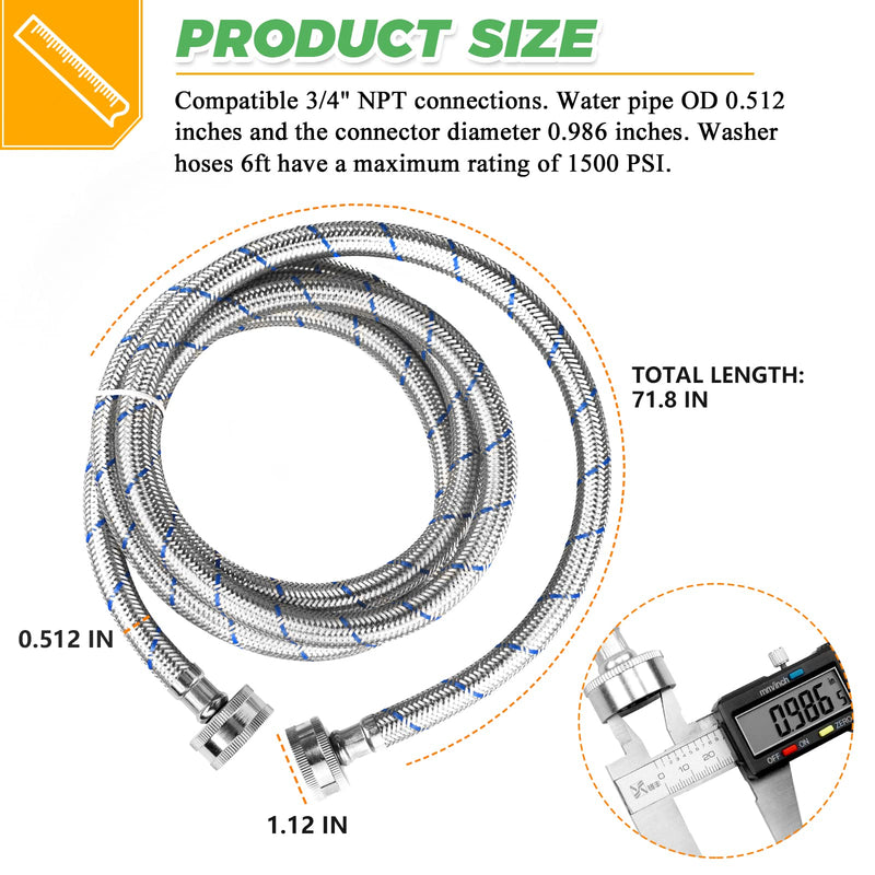 6Ft Stainless Steel Washing Machine Hoses- Burst Proof Washer Supply Lines 6Ft Washer Hoses Universal for All Washer Water Supply Lines by Techecook- 2Pcs Hot and Cold Water lines- 10 Years Guarantee