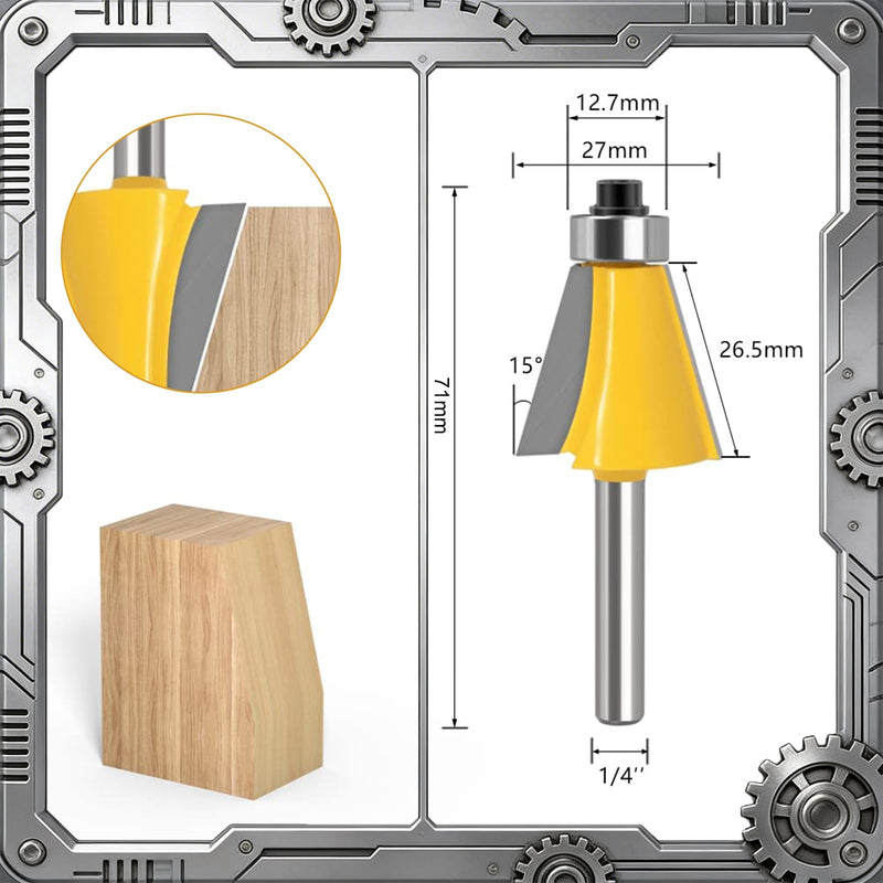 5PCS Chamfer Router bit Set, 1/4 Inch Shank Chamfer bit with 11.25, 15, 22.5, 30, 45 Degree Bevel Edge Forming Woodworking Tools