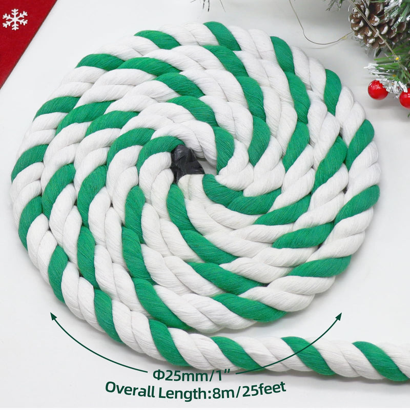 Green and White Cotton Rope 1 Inch x 25 Feet Natural Twisted Cotton Rope 3 Strand Tug of War Rope for Swing,Garden, Home Decor,Indoor&Outdoor Sports,St. Patrick’s Day 1 in x 25 ft Green White