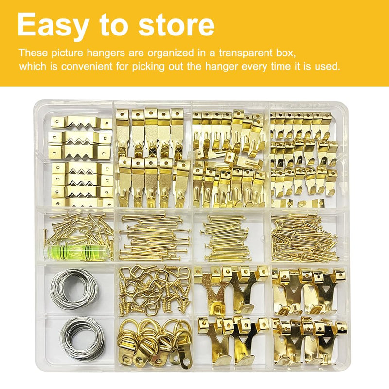 330pcs Picture Hangers Kit - Holds 10-75lbs, With Hanging Wire, Ring Hooks, D Rings, Sawtooth Hangers for Frame, Canvas, Mirror Decoration Gold
