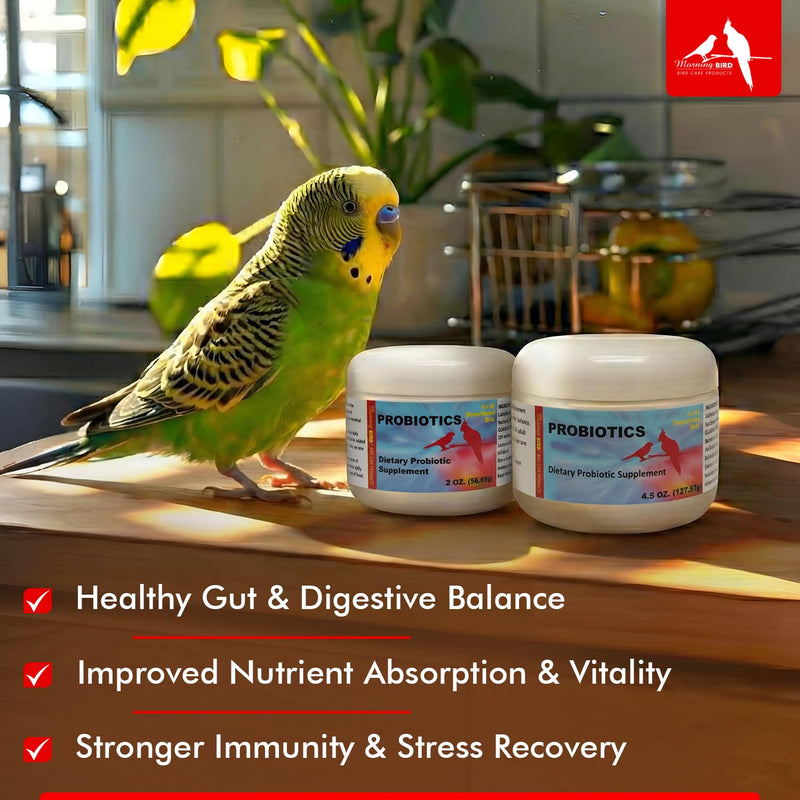 Morning Bird Probiotics for Birds 4.5 oz – Digestive Health Supplement Supporting Gut Balance, Nutrient Absorption, & Immune Support – Easy Mix Powder Supplement for All Bird Species