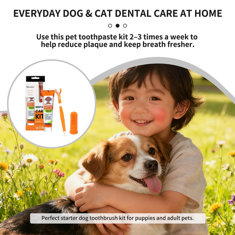 Dog & Cat Toothpaste Kit with Toothbrush & Finger Brush – 100g Vanilla Flavor Pet Toothpaste – Helps Reduce Plaque, Freshen Breath & Support Healthy Gums – Puppy & Adult Pet Dental Care