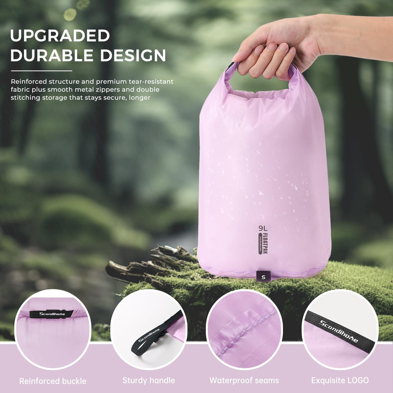 Ultralight Dry Bag Portable Dry Sack 9L & 15L & 20L Durable Waterproof Bag Set Keep Gear Dry Storage Bag for Hiking, Camping, Boating, Backpacking, Kayaking (3 Pack)(Purple) Purple