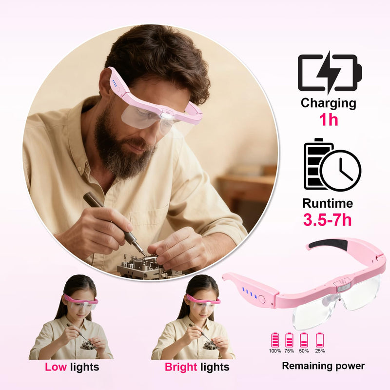 Professional Magnifying Glasses Headset with 5 Detachable Lenses 0.75X-4.0X & 3 LED Lights, Rechargeable Hands-Free Headband Magnifier for Close Work, Jewelry Crafts Hobby (Pink) Pink