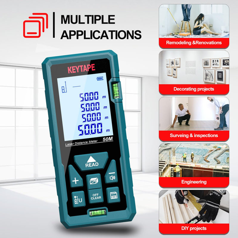 Distance Measuring Laser 165ft KEYTAPE Multifunction Measure Laser Ruler, Upgraded M/in/FT/FT+in Unit Switching Backlit LCD and Pythagorean Mode, DT50 Portable Handle Laser Distance Measurement Tool 50M/165FT