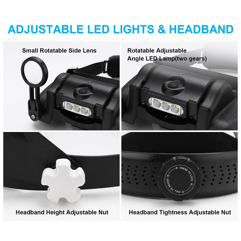 Head Magnifying Glasses with Light, Rechargeable Lighted Magnifying Glass 1X to 14X for Close Work, Magnifying Headset with Detachable Lens,Hands Free Head Magnifier for Jewelers Hobby Crafts Black