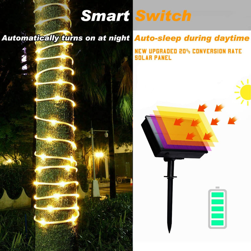 Solar Rope Light Waterproof IP65 39FT 100LEDs Outdoor LED ‎Solar Outdoor Lights for Party Garden Yard Home Wedding Christmas Halloween Holiday Tree Decoration Lighting Warm White 100 LED