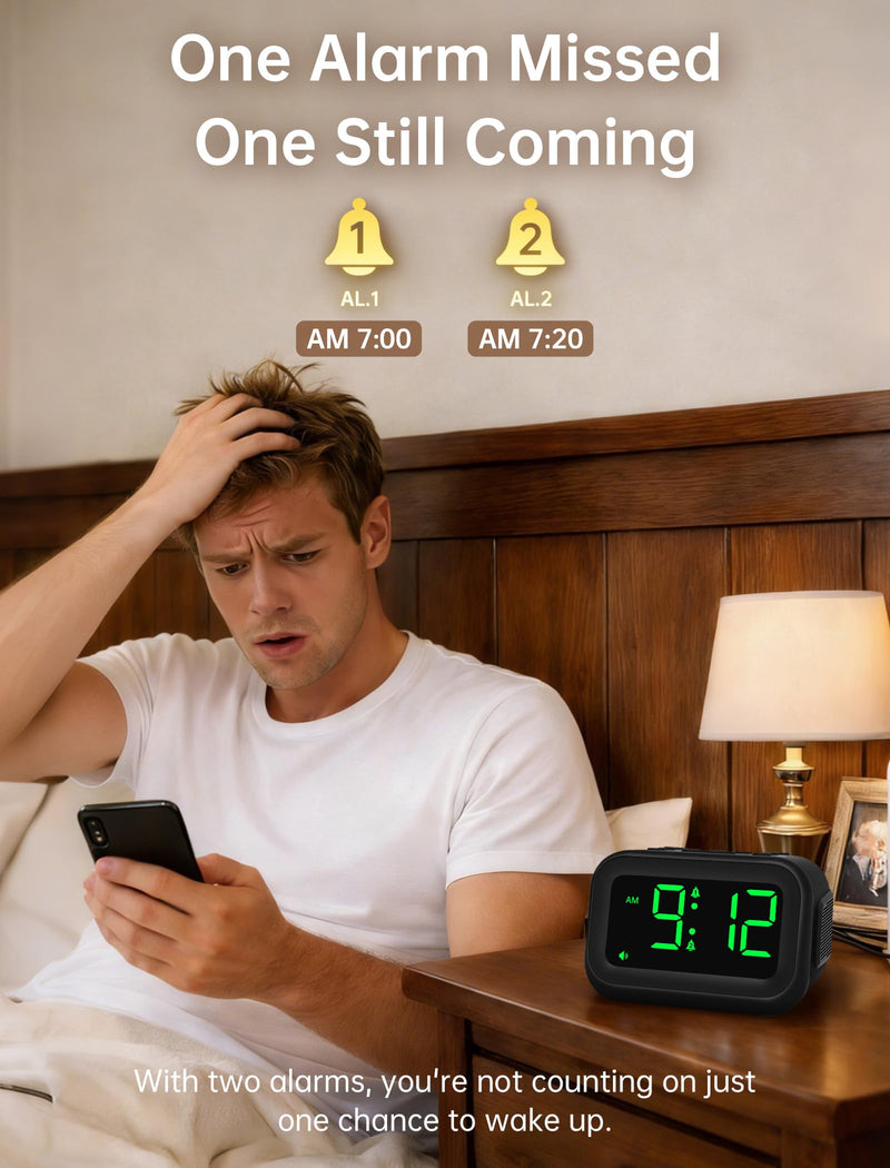 Extra Loud Alarm Clock: 115dB Dual Alarms and 6 Unique Alarm Sounds for Heavy Sleepers - Adult Students for Bedroom On-Time Wake-Ups - Green Digits Black - Green Digits