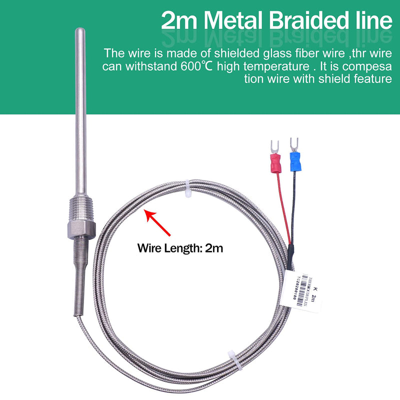 Twidec/2M NPT 1/4" inch (6X100MM) Pipe Thread Temperature Sensor Probe Two Wire Temperature Controller (0~600℃) 304 Stainless Steel K Type Thermocouple MT-205-1/4 1/4" 6x100mm