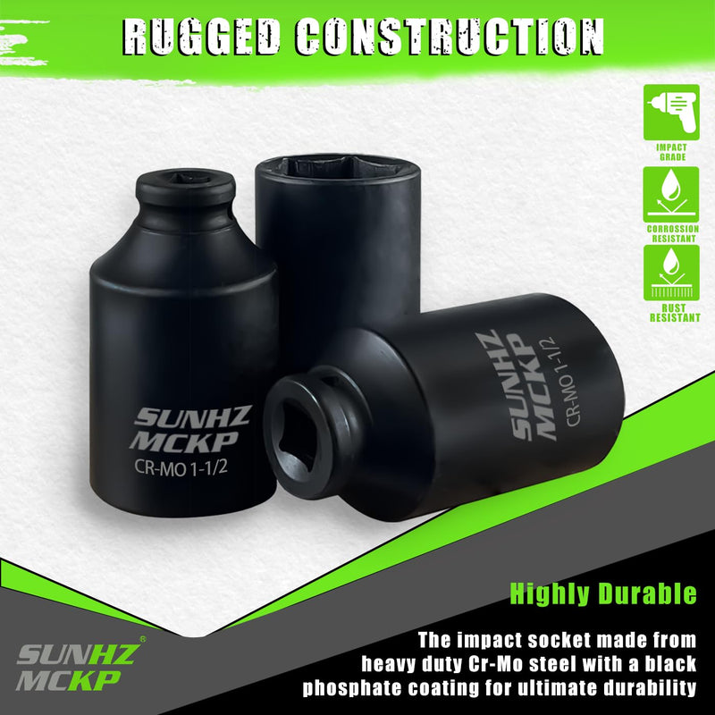 SUNHZMCKP 1/2 Inch Deep Drive Impact Socket, SAE 1-1/2 inch Socket, CR-MO, 6 Point Axle Nut Socket for Easy Removal of Axle Shaft Nuts (1-1/2 Socket)