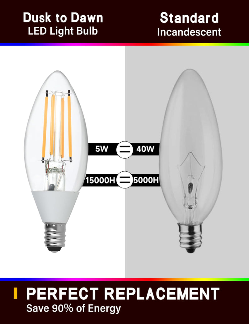 Dusk to Dawn LED Outdoor Light Bulb, Candelabra Light Bulbs Outdoor, 5W Equivalent 40W, 3000K Warm White, 500LM, Edison E12 Base B11, Photocell Sensor for Porch Sconces Patio Garage, 6 Pack