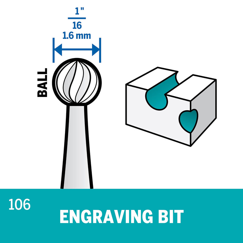 Dremel 106 Rotary Tool Accessory Engraving Bit- Perfect for Wood, Plastic, Linoleum, and Soft Metals 2-Piece 1/16" Ball