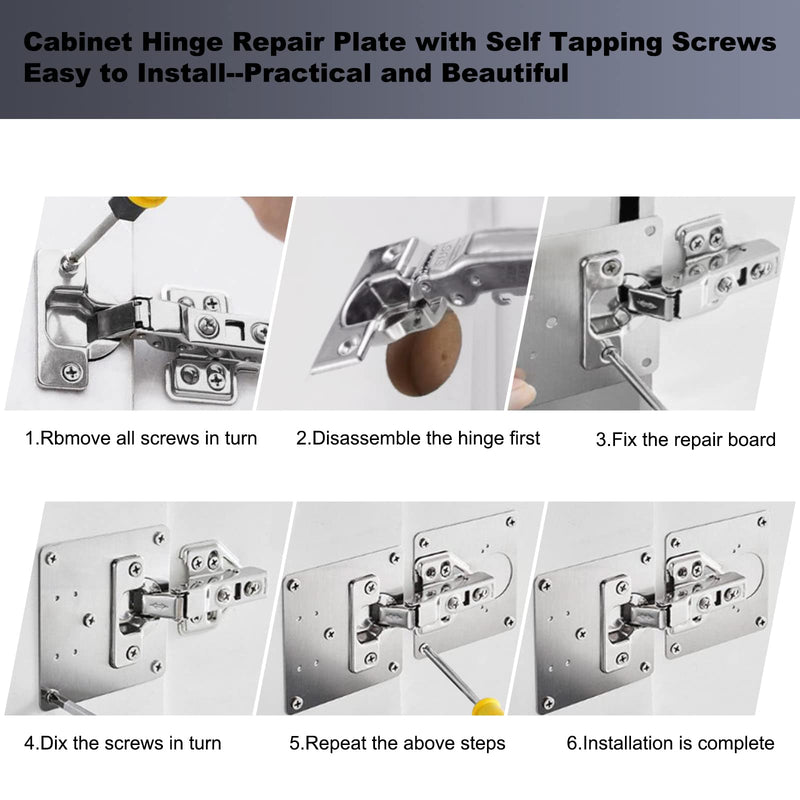 6 PCS Cabinet Hinge Repair Plate, Hinges Repair Fixing Plates, Stainless Steel Hinge Repair Board, Kitchen Cupboard Door Hinge Repair Brackets Kit, Hinge Fixing Plate Bracket Kit with Mounting Screw