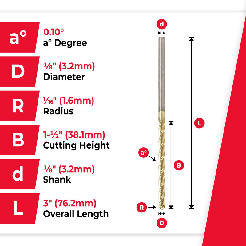 Amana Tool Up Cut Spiral CNC Router Bits for 2D/3D Carving, ZrN Coated, 46295, 1 Deg Straight Angle Ball Tip 1/8 D x 1/16 R x 1-1/2 x 1/8 Shk x 3 Fl