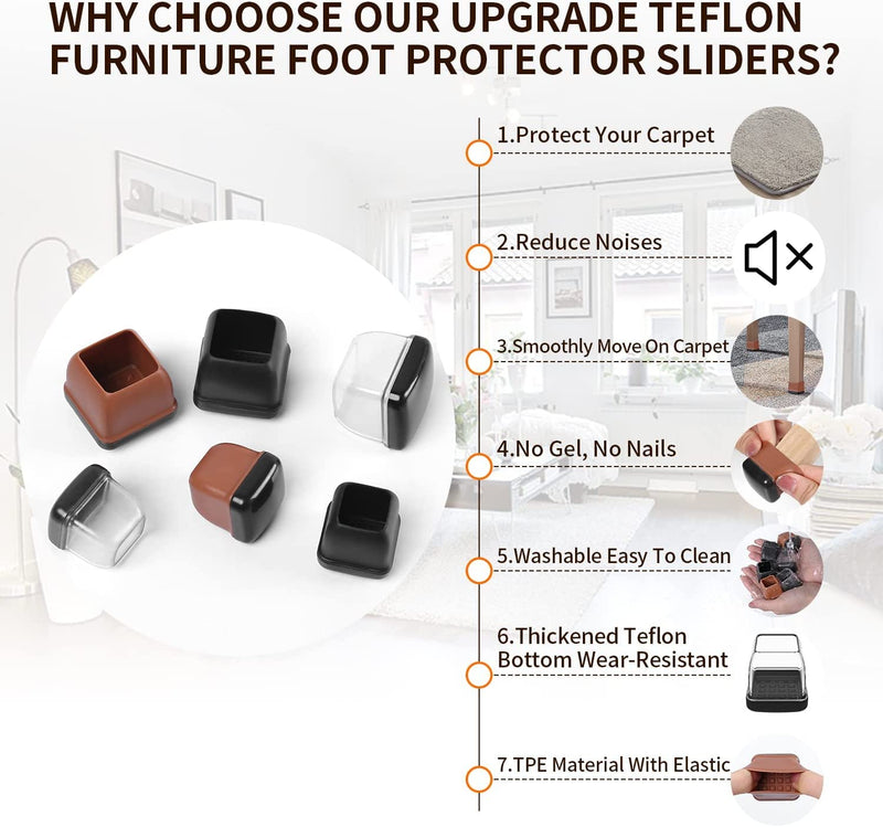 24 PCS Chair Leg Sliders for Carpet, Square Chair Glides, Furniture Leg Protectors Caps, Carpet Protectors Table Feet Covers Cups, Teflon Furniture Pads Sliders No Scratches (Fit 1.1" - 1.45", Clear) L - Clear