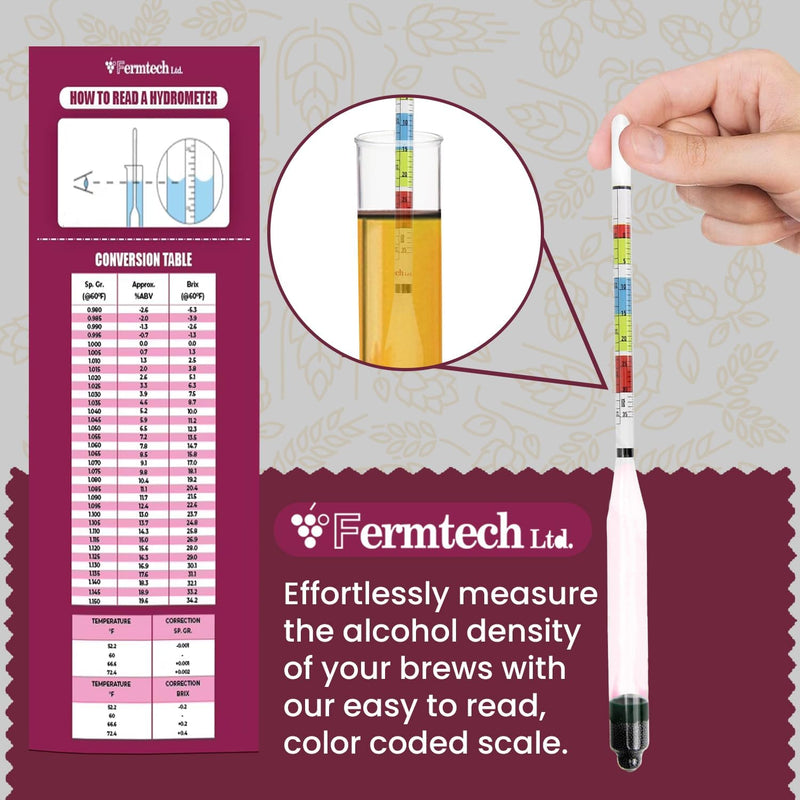 Fermtech Hydrometer Kit with 19” Wine Thief Sampler – Triple Scale Glass Hydrometer for ABV, Brix & Gravity Testing, Plastic Sampling Tool for 1 Gallon Jugs/Carboys, Wine & Beer Home Brewing Set