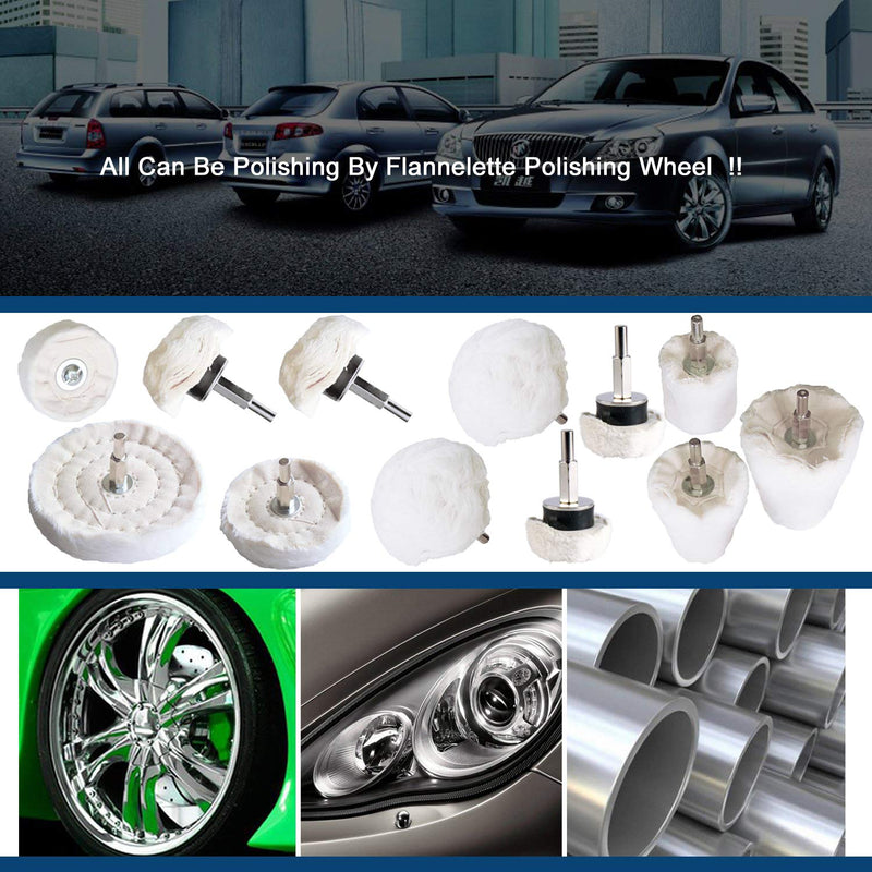 Polishing Pad Buffing Wheel Kit White Flannelette 12 Pack, for Drill for Metal Aluminum Stainless Steel Chrome Wood Plastic Ceramic Glass Woods Fabric Cotton Machine Jewelry etc 12 PCS