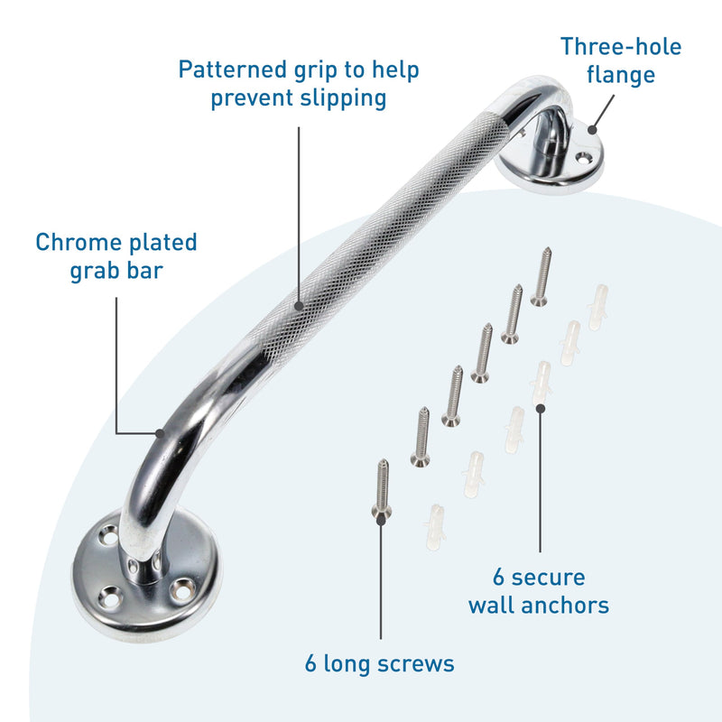 BodyMed 16-inch Chrome Plated Steel Grab Bar - Anti-Slip, Safety Aid Support for Bathrooms, Showers, Bathtubs and Toilets - Perfect for Adults and Seniors 16 in.