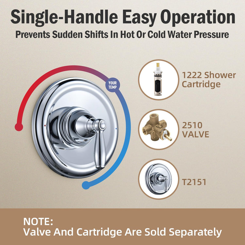 Replacement for Moen T2151 Brantford Posi-Temp Valve Trim Kit, Pressure Balancing Tub and Shower Lever Handle，Chrome Chrome