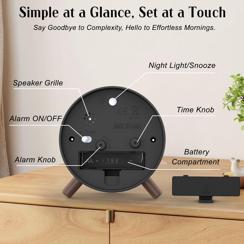 Retro Analog Alarm Clock with Night Light, Battery Operated, Easy to Set - Ascending Alarm, Snooze, Simple Round Metal Design for Bedroom, Desk, Bedside, Travel, Kids, Adults, Heavy Sleepers Brown