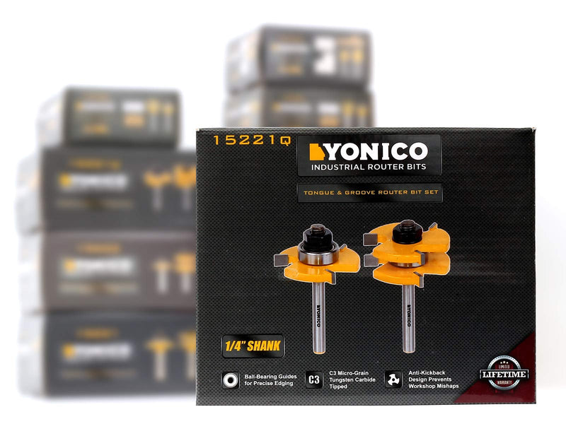 YONICO Tongue and Groove Router Bits Set Up to 3/4-Inch Stock 1/2" Cutting Depth 2 Bit Set 1/4-Inch Shank for Edge-to-Edge Hardwood Flooring, Paneling, Cabinet Door, Plywood Sheathing 15221q Up to 3/4" Stock - 1/2" Depth - 1/4" Shank