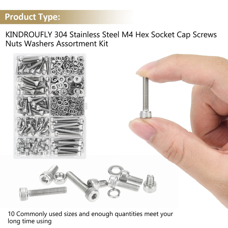 352 Pieces M4 x 6/8 /12/16 /20/25 /30mm Hex Socket Head Cap Screws Nuts Washers Assortment Kit, 304 Stainless Steel, Fully Machine Thread