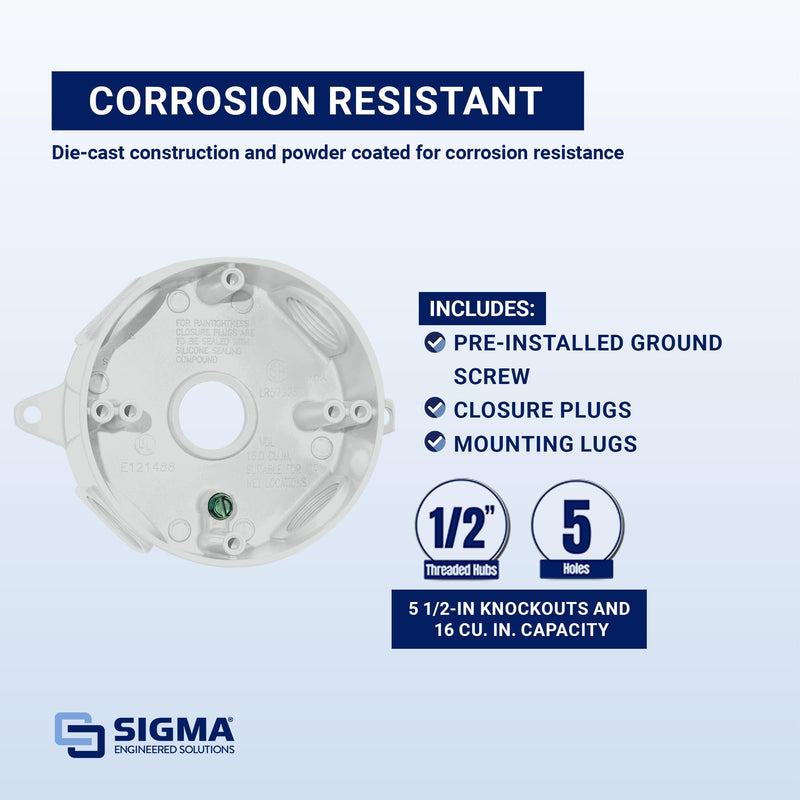 Sigma Engineered Solutions, White Sigma Electric 143854WH 1/2-Inch 5 Hole Round Box 1 Count (Pack of 1)