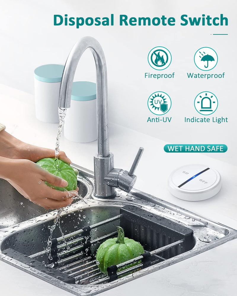 Garbage Disposal Wireless Switch Kit, Remote Control Outlet, No Drilling On Sink Top, Wireless Switch Button Kit for Waste Disposal, 15A/1500W with 4000V Anti-Surge, 500 Feet RF Range