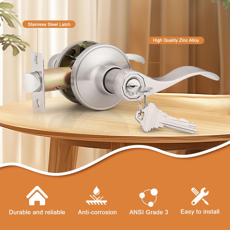 Probrico (2 Pack Wave Style Keyed Alike Entry Levers, Exterior Interior Satin Nickel Keyed Door Handles with Lock and Same Keys, Reversible for Right Left Handed Doors 2 Pack