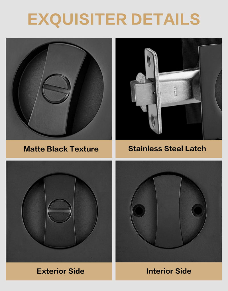 Pocket Door Hardware Black, Pocket Door Lock, Pocket Door Latch, Matte Black Contemporary Pocket Door Privacy Lock(1 Pack, Square) 1 Pack(Square)