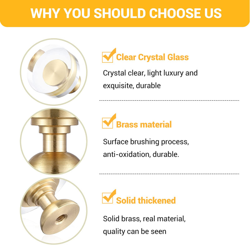 12-Pack 1-1/4-Inch White Cabinet Glass Crystal Brass knobs Brass Drawer Round Knobs Dresser Pulls, Gold Hardware Kitchen Closet knobs for Bifold Doors 12 Pack Round-1.2inch
