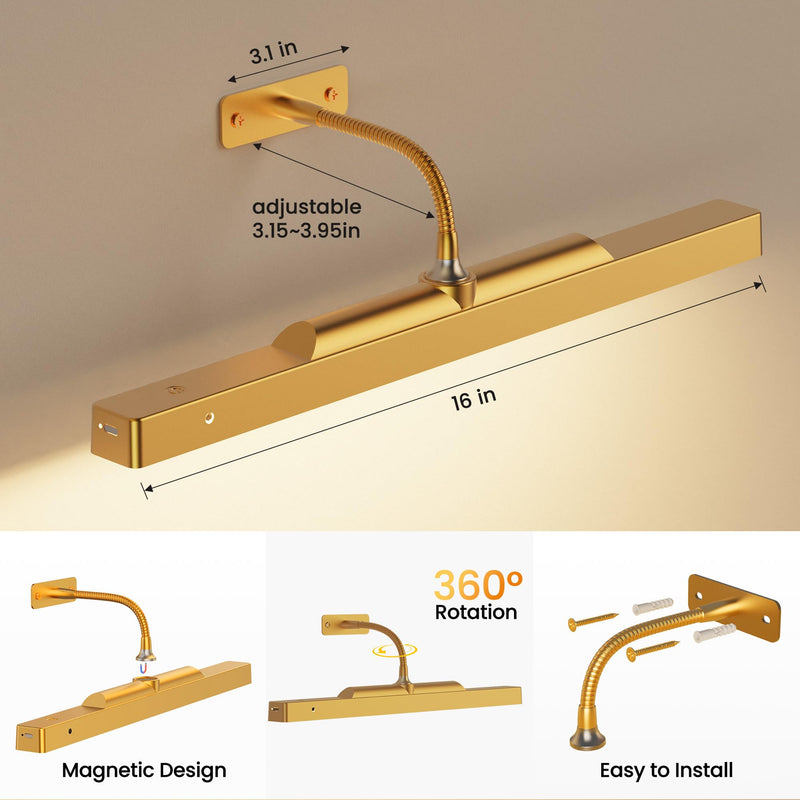 Picture Light Gold, 16in Battery Operated Picture Lights for Paintings,Remote Control Display Art Light with Timer and Dimmable for Wall Painting,Frame, Portrait, Photo,Dartboard 1 Pack