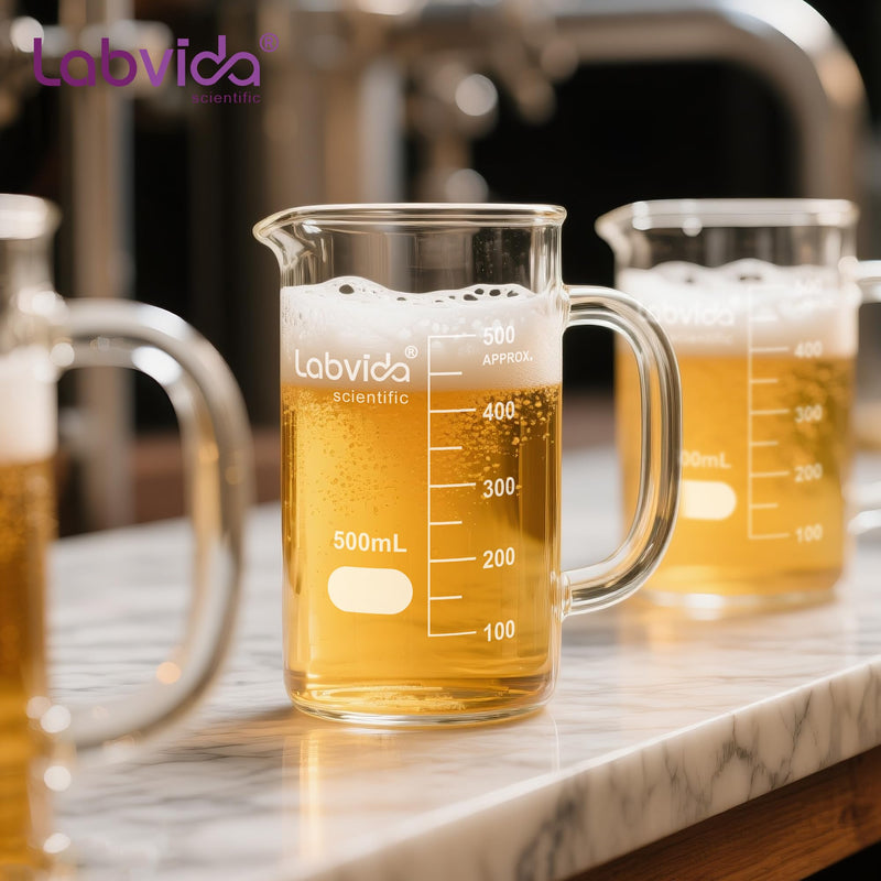 Glass Beaker with Handle, 4PCS of Vol. 500ml, 3.3 Borosilicate Griffin Low Form with Printed Graduation,LVAT002