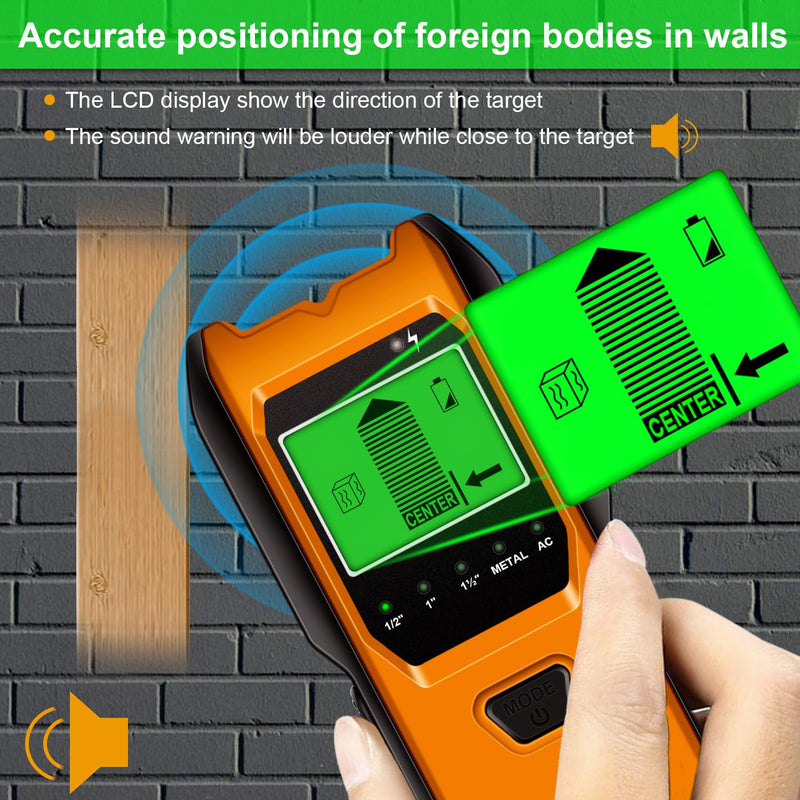 Stud Finder Wall Scanner, 5 in 1 Multifunction Stud Locator with Upgraded Smart Sensor, HD LCD Display and Audio Alarm for The Center & Edge of Metal, Studs, AC Wire, and Pipe Detection (Tangerine)