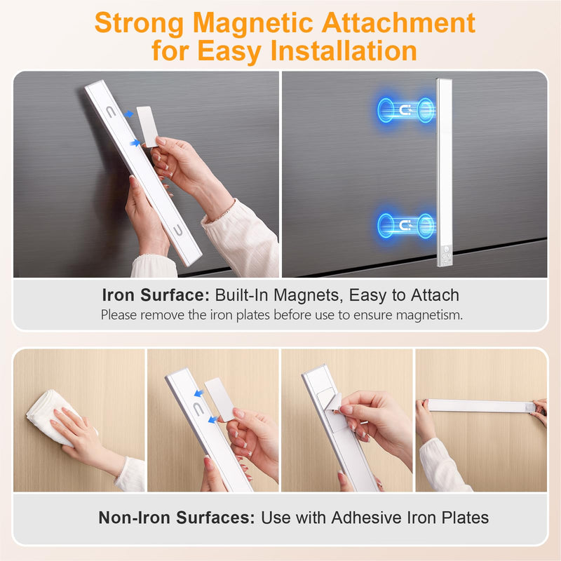 Gritin 14.7inch Under Cabinet Lighting Rechargeable 2 Pack- 3 Color Temps&5 Level Brightness, Super Bright, 4 Modes, Motion Sensor, Long Lasting - Easy Installation Magnetic Under Closet Lights-Silver Silver 14.7 inch