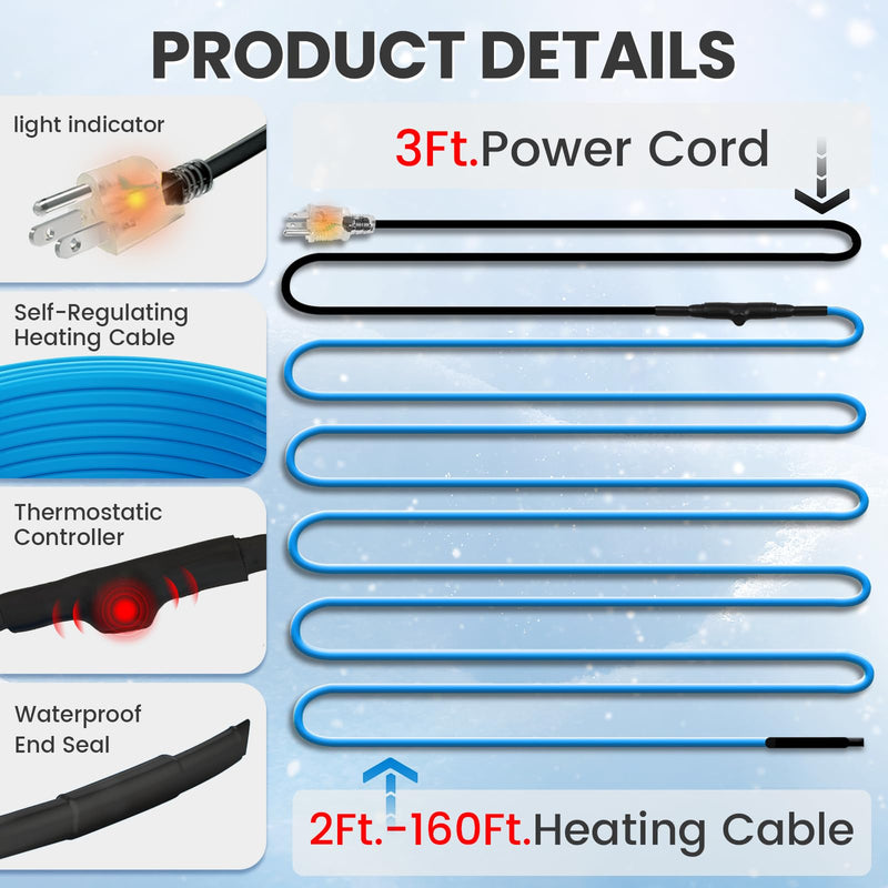 MAXKOSKO 6 Ft. 120 V Heat Tape for Water Pipes, Self-Regulating Heating Cable for Metal And Plastic Pipes 5W/FT (Blue) 6-feet