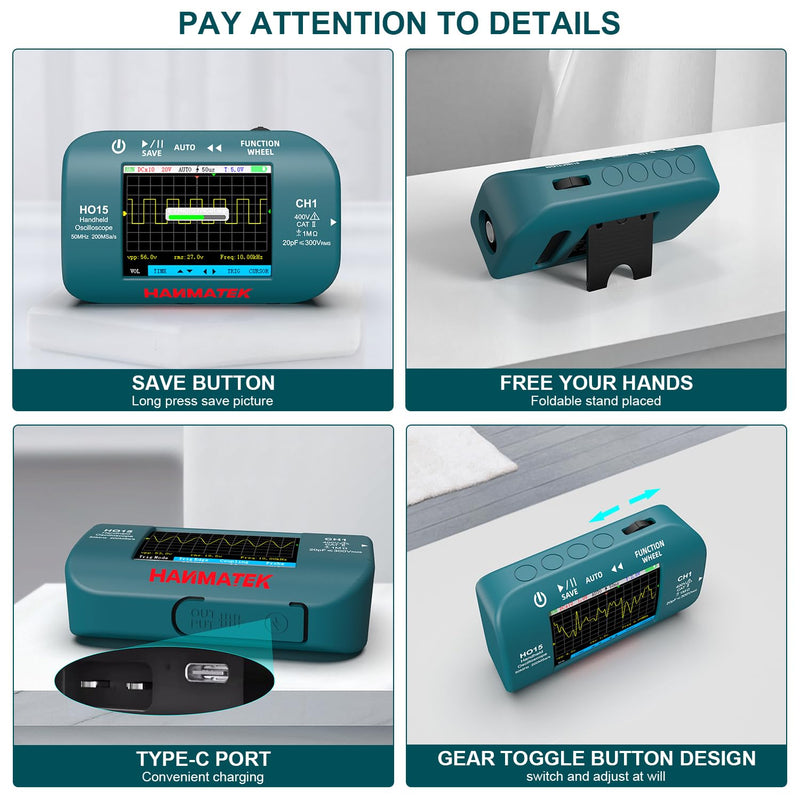 HANMATEK HO15 Handheld Digital Oscilloscope - 50MHz Bandwidth, 200MSa/s High-Precision Sampling, 2.8" TFT Display, USB Rechargeable, Signal Generator,Portable for Fieldwork Professional 50 Mhz
