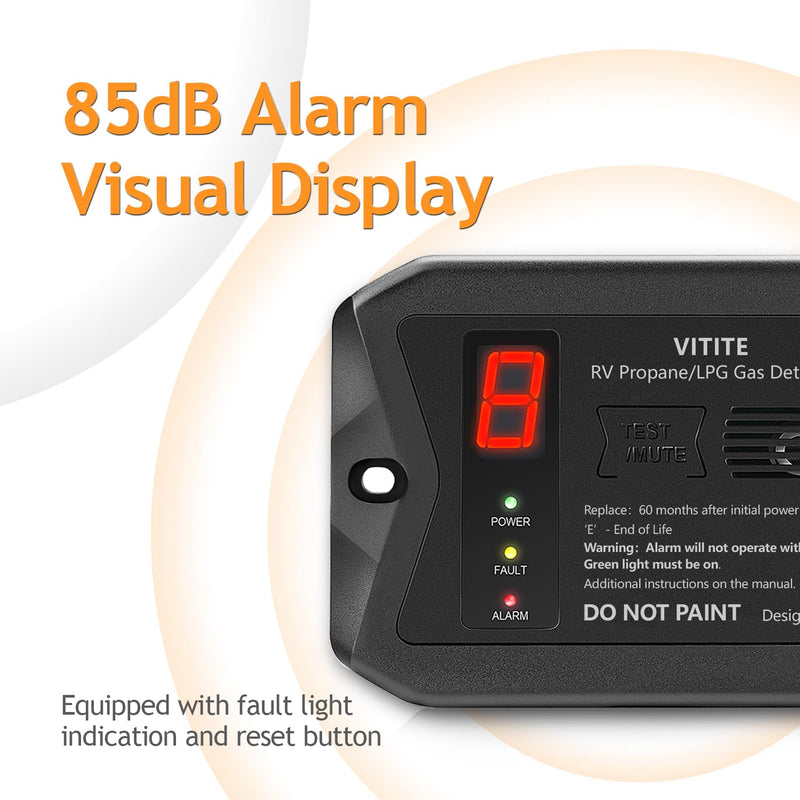 RV Propane Gas Detector, VITITE Digital RV LP Gas Alarm, Hardwired - VDC 12V, Flush & Surface Mount, with 3 Brackets Black