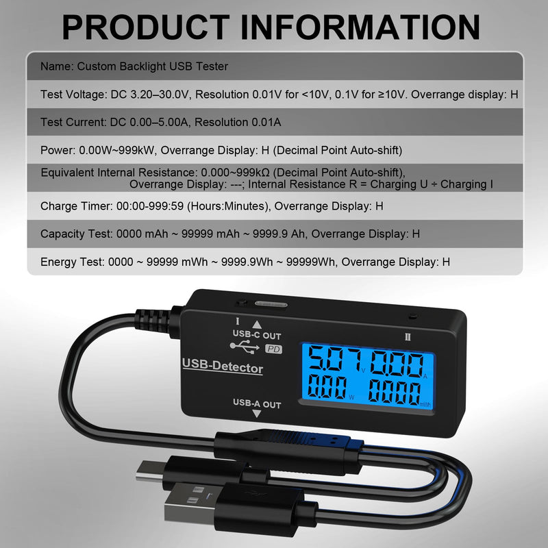 DROK Variable Backlight USB Tester, LCD Display USB C & A Multi Meter, Voltmeter Amp Power Meter Battery Capacity Tester Internal Resistance Battery Level Indicator for Laptop Tablet Phone Power Bank USB A&USB C Black 1