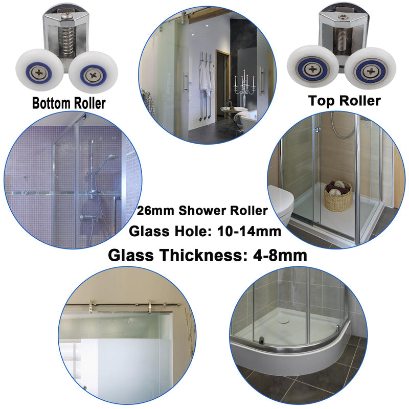 26mm Shower Door Rollers, 4PCS Sliding Shower Doors Wheels, Replacement Wheels Shower Doors，2xDouble Twin top/Bottom Shower ，Shower Door Runners Pulleys for Curved Glass Doors 6-8mm (QY141)