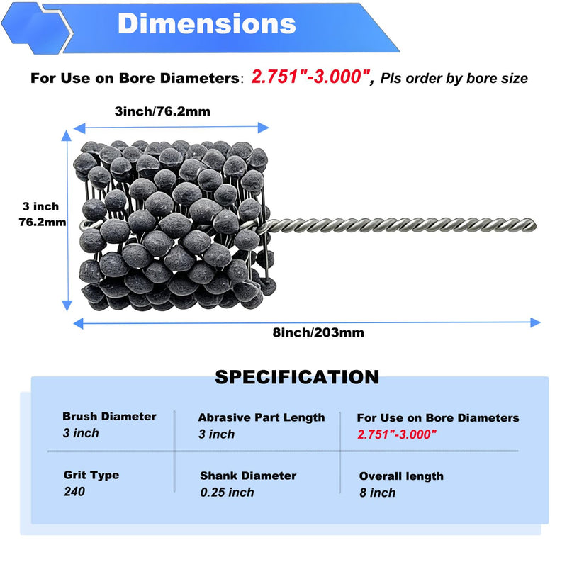 3" (76.2mm) Flexible Cylinder Hone Tool, 240 Grit Silicon Carbide Engine Brake Cylinder Deglazer & Bore Refinishing Brush, Ball Abrasive for Honing, Deburring & Cross-Hatching Use on 2.75-3inch Bore