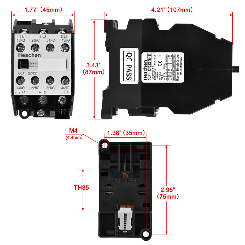 Heschen AC Contactor CJX1-22/22 24V Coil 50/60Hz 9.5KW 3 Pole 2NO+2NC 380V 22A