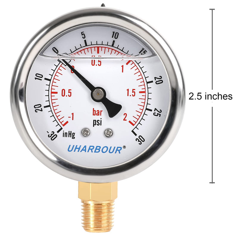 Glycerin Filled Vacuum Pressure Gauge, 2-1/2" Clear dial,1/4" NPT Bottom Connection, Stainless Steel Case, Brass Movement, Dual Scales -30HG/30PSI （-30HG/30PSI） Lower Mount