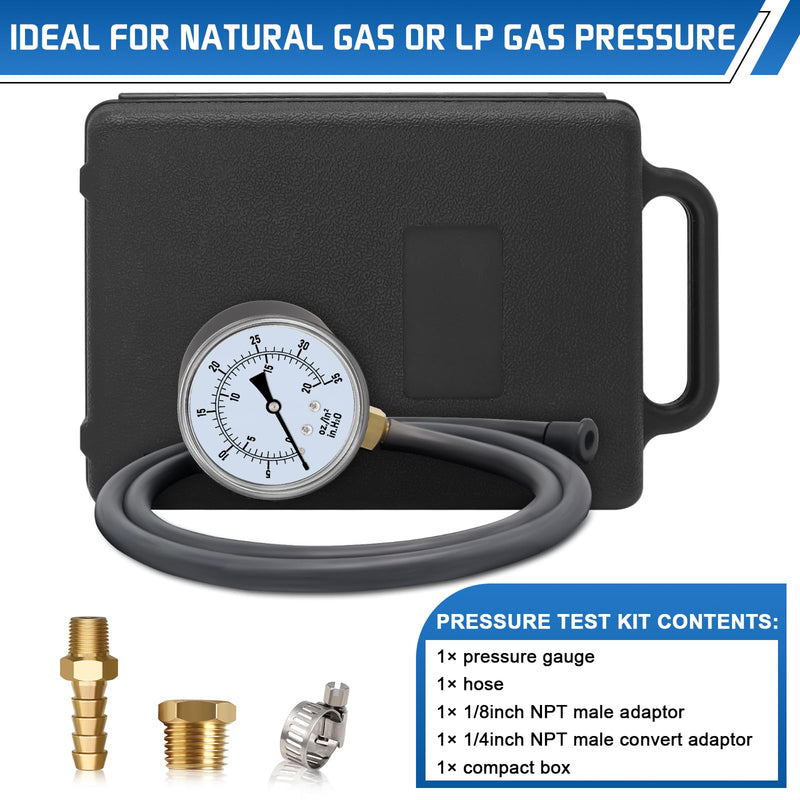 Boltigen Manometer Gas Pressure Tester, Natural Gas or LP Gas Manifold Pressure Test Kit with Gauge 0-35'' W.C, 1/8'' NPT, 1/4'' NPT Barb Fitting LP Gas Pressure Tester, 40'' Hose