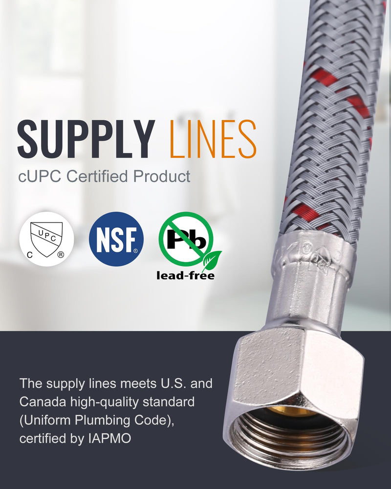 Faucet Supply Lines, WOWOW 24" Bathroom Sink Faucet Hose, Braided Nylon cUPC Supply Lines 3/8" Female Compression Thread × M8 Male Connector,Stainless Steel Braided Supply Line(1 Pair) 24Inch