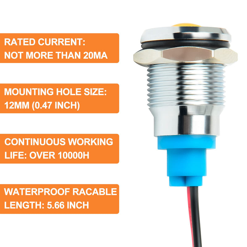 GASHER 110V/24V/12V 20mA Energy Saving Indicator Light Mounting Hole Size 12mm(1/2 inch) Green Yellow Red Blue White 5 PCS（110V） 12MM（110V） colorful